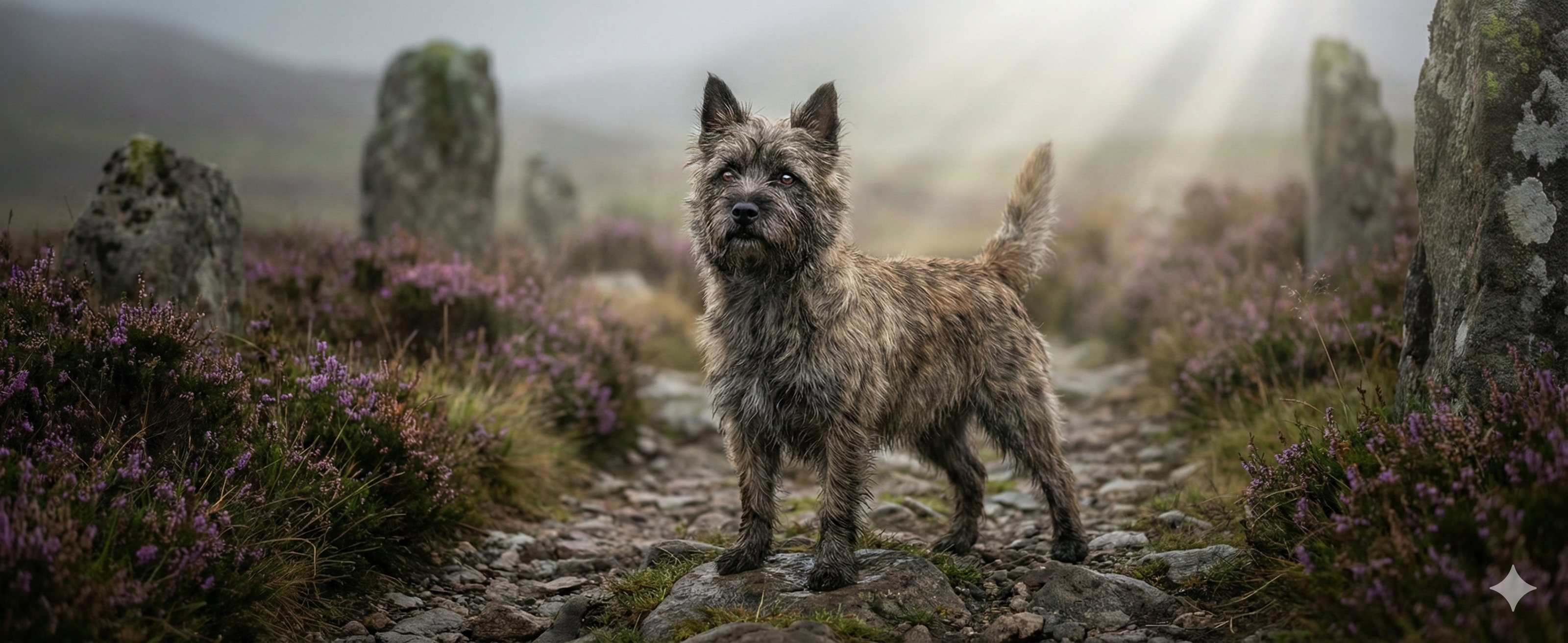 スコットランドの荒野に立つケアーン・テリア
