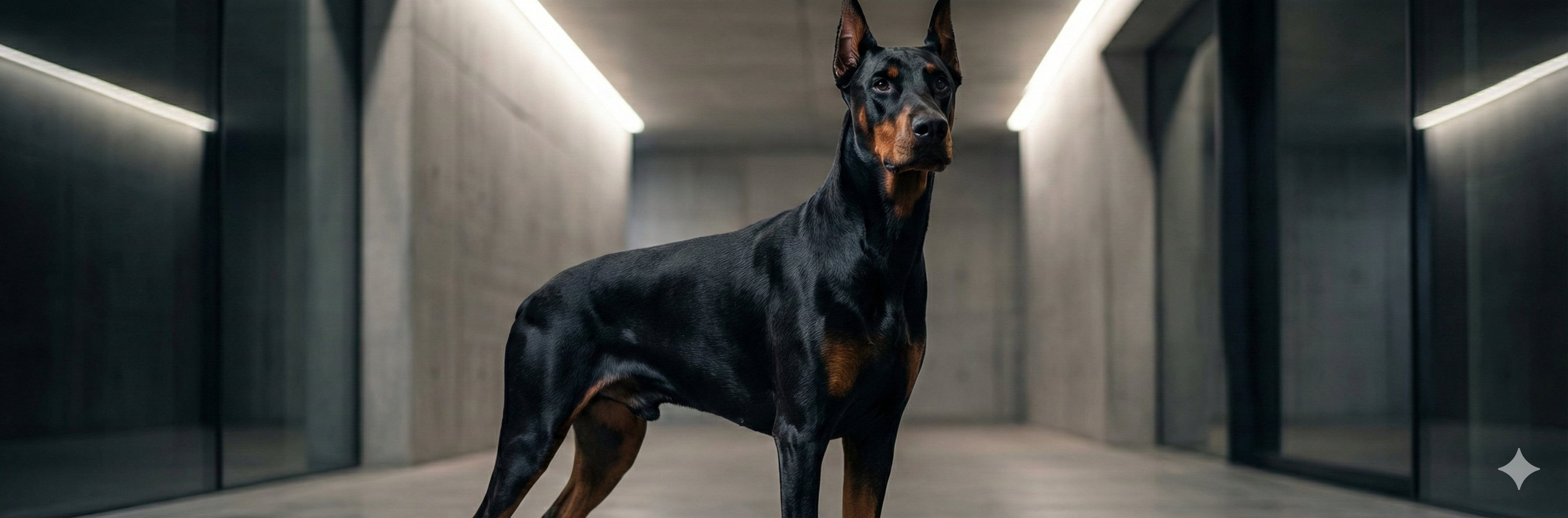 洗練された空間で彫刻のように美しいドーベルマン