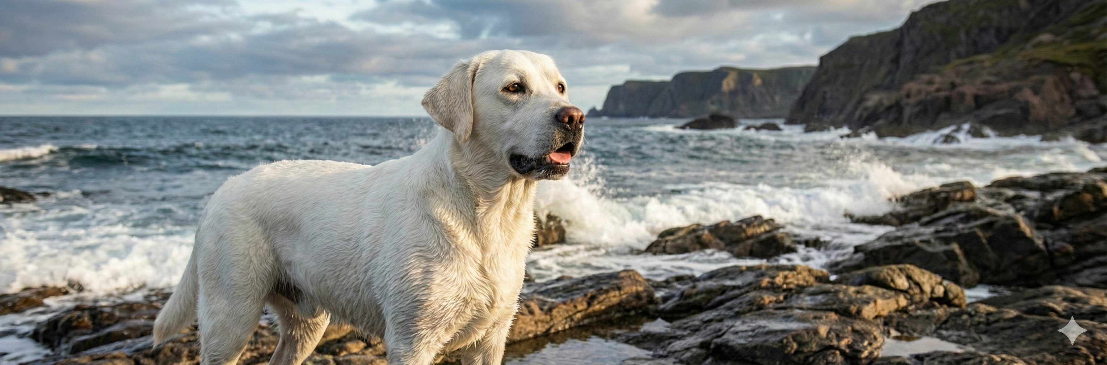 波打ち際で力強く佇むブラックのラブラドール・レトリバー