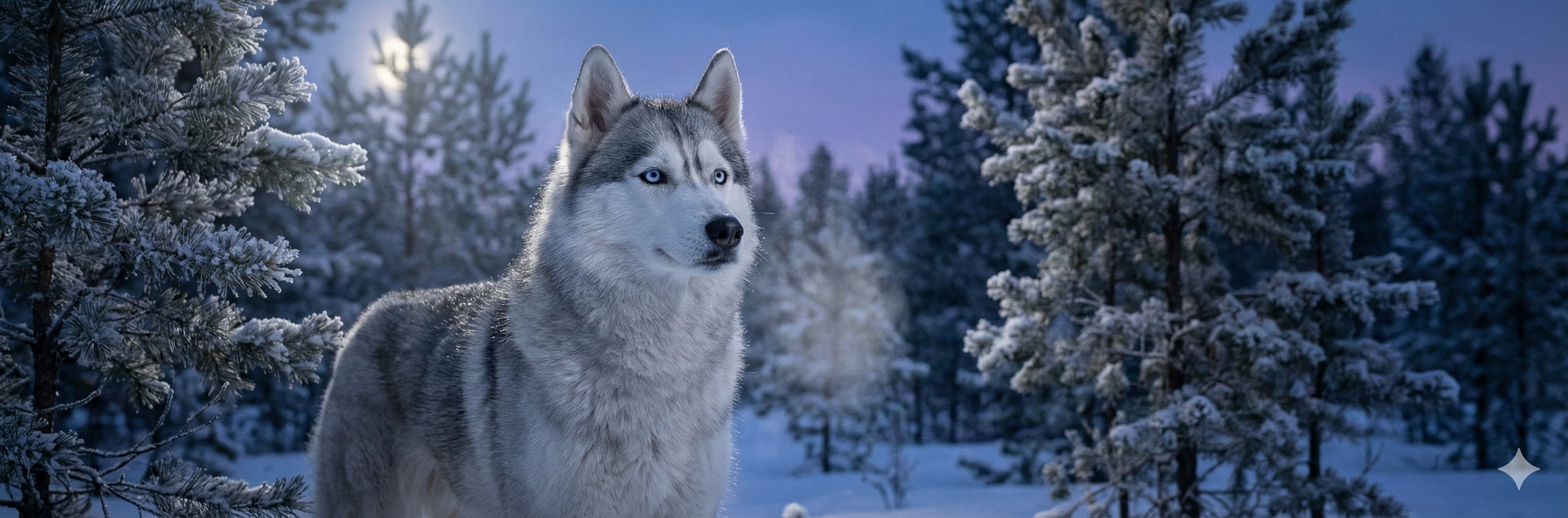 極寒の森で神秘的な眼差しを向けるシベリアン・ハスキー