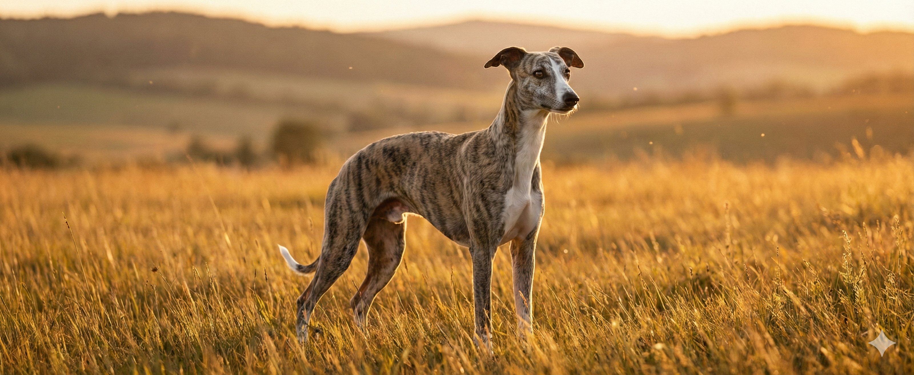 草原で優雅に佇むウィペット